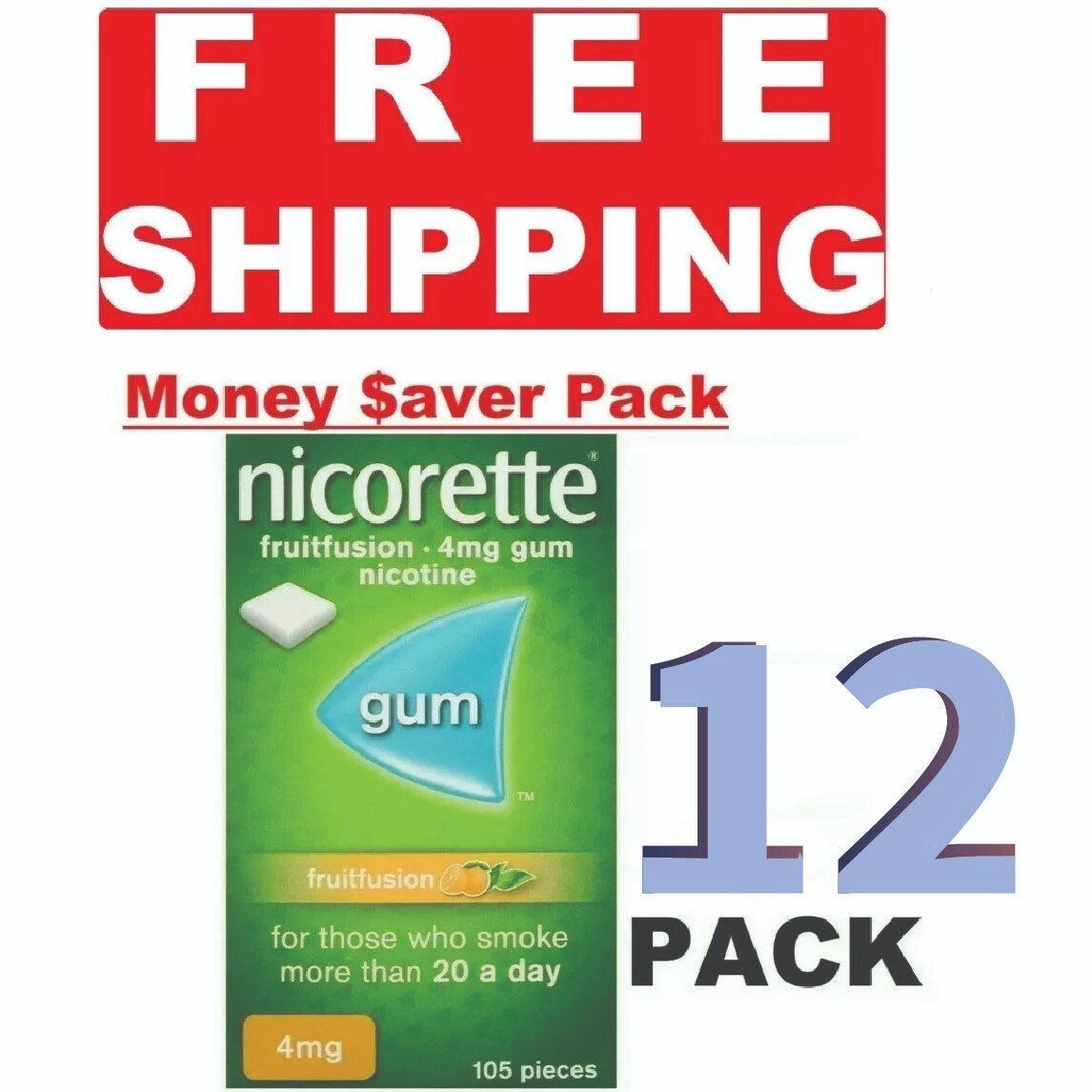 Nicorette FRUIT FUSION Stop Smoking Aid Chewing Gum 4mg 105Pieces PACK OF 12