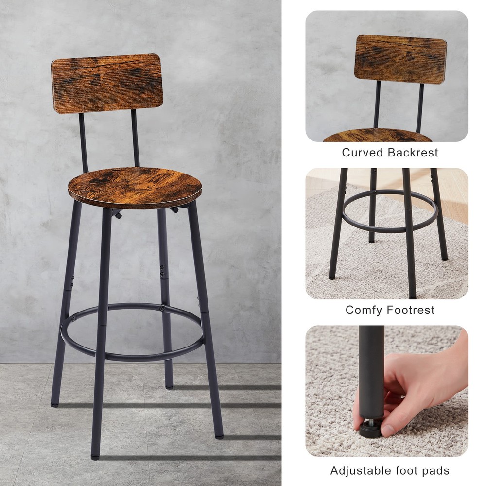 Round bar stool set with shelves, stool with backrest Rustic Brown, 23.6'' Dia