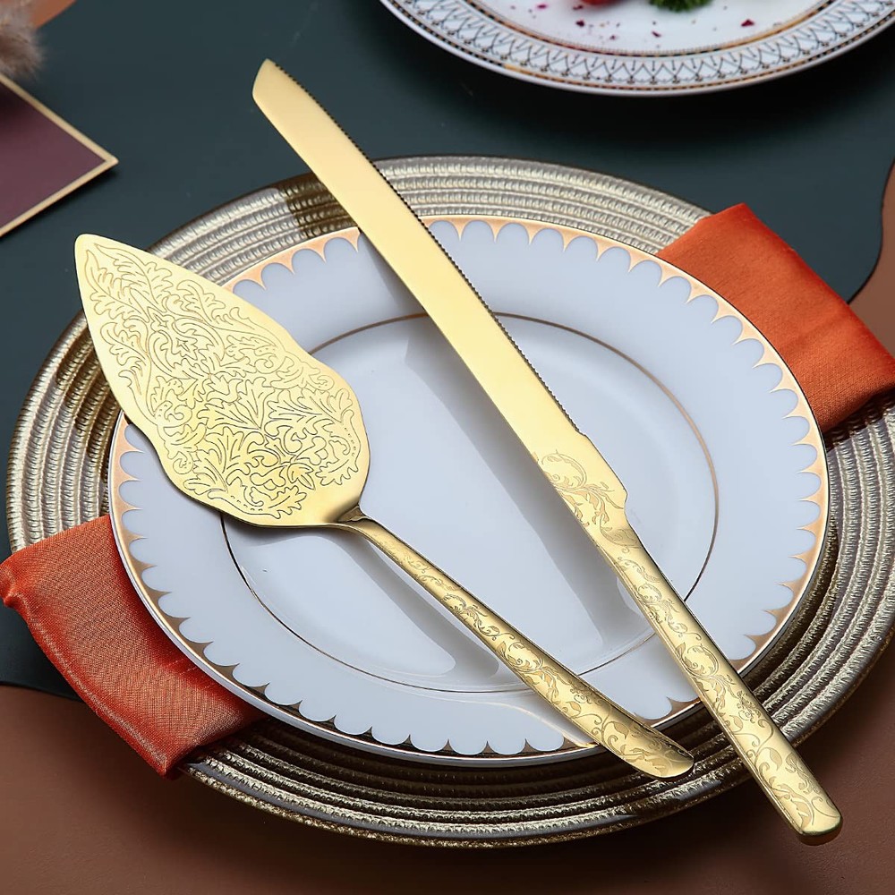 Gold Wedding Cake Knife and Server Set Titanium Gold Plating With Unique Pattern