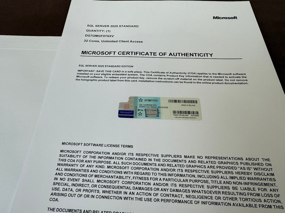 Microsoft SQL Server 2025 Standard 32 Core Unlimited User CALs CoA Authentic