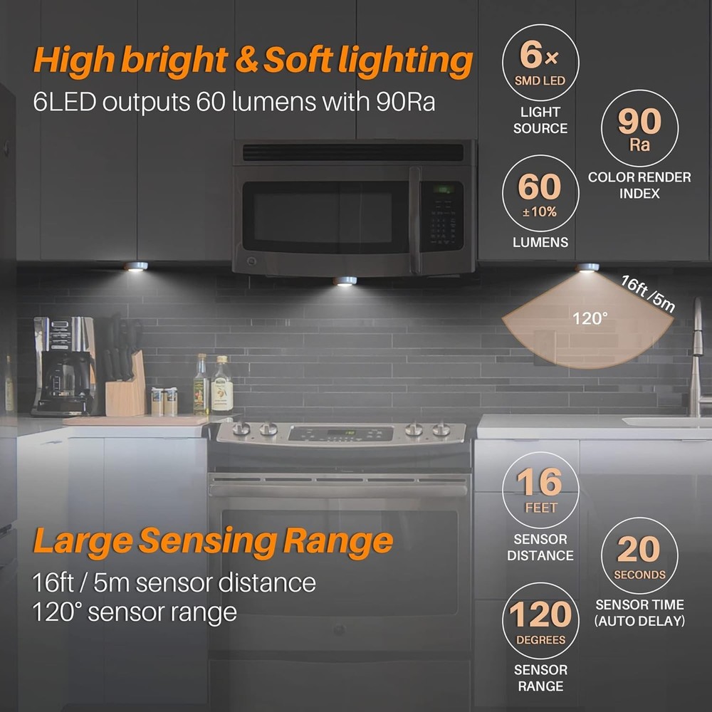 Under Cabinet LED Lights 6 Pack Motion Sensor AAA Cool White