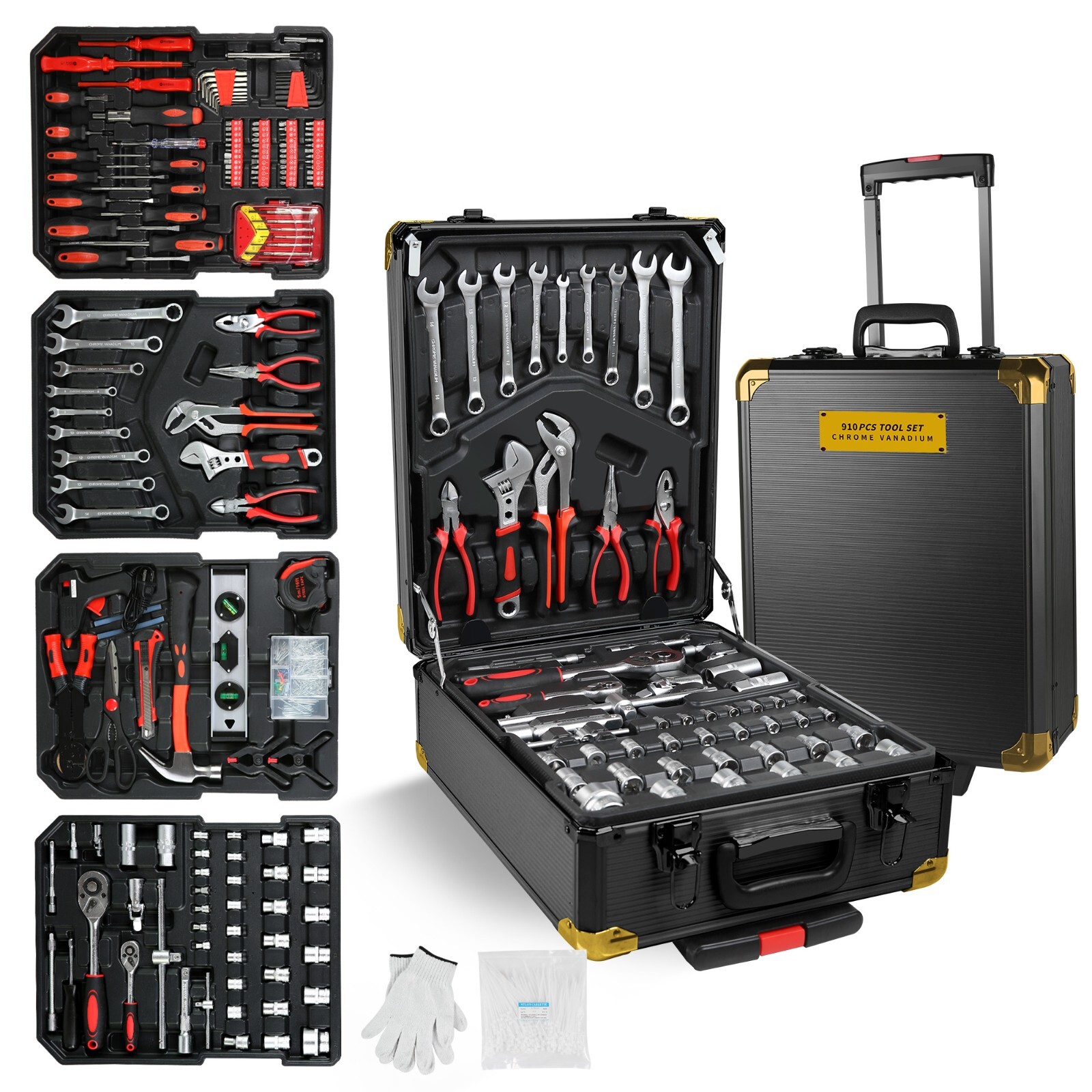 Tool Set Mechanics Tool Kit 910 PCS Wrenches Socket with Trolley Case Box Silver