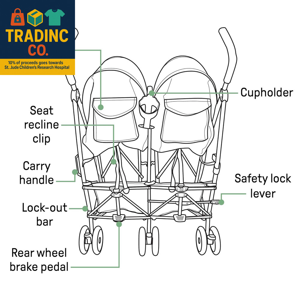 3Dlite Folding Lightweight Side by Side Double Stroller with 5-Point Safety Harn