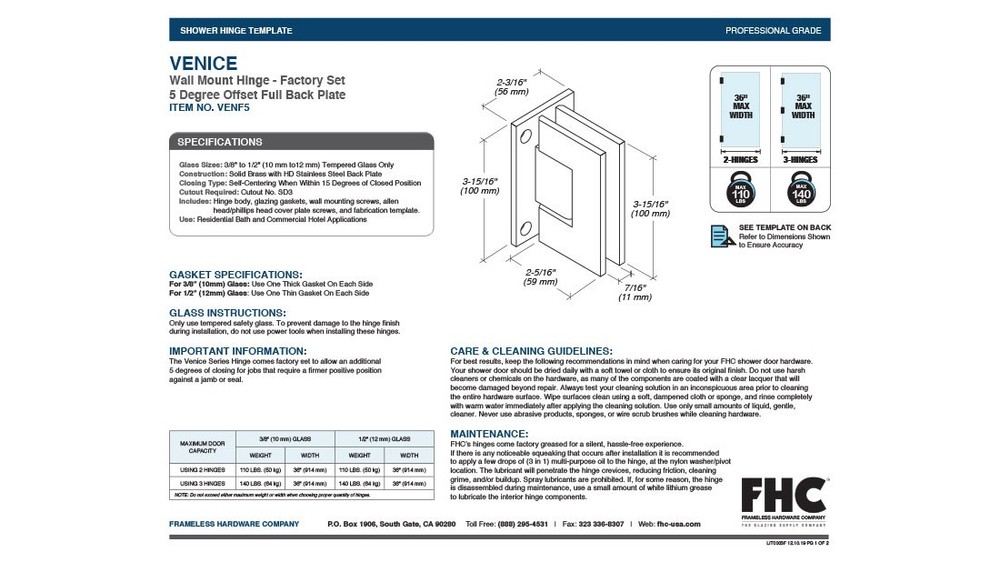 FHC Venice Square Wall Mount Hinge Brass Material Matte Black Finish
