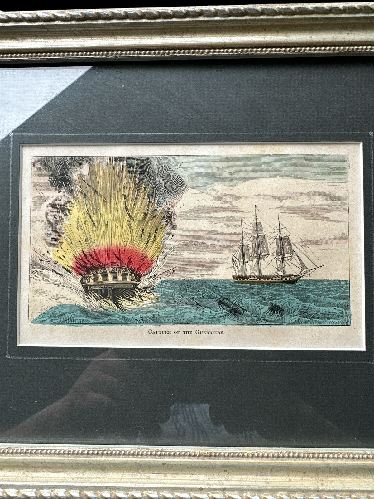 Framed Capture of Guerriere Antique Engraving H Bill 1859 Civil War Hand Colored