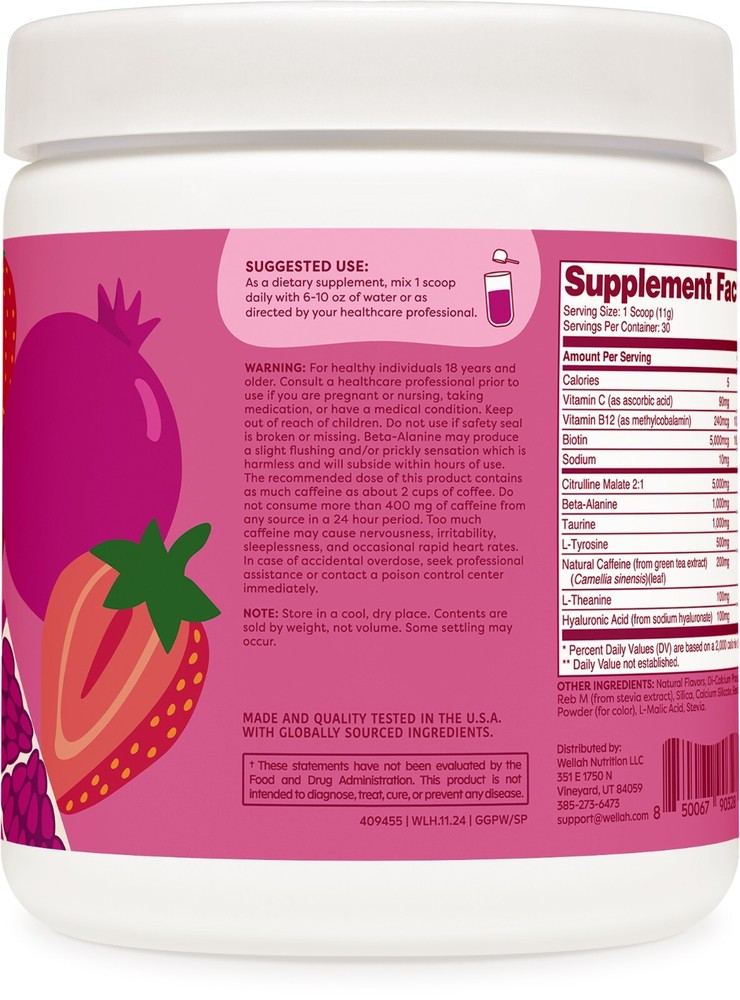 Wellah Get-Going Pre-Workout Drink Mix, Strawberry Pomegranate Flavored