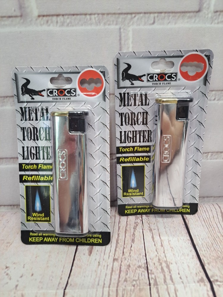 (2 Pc Lot) Crocs Silver Metal Torch Flame Lighter Refillable & Wind Resistant