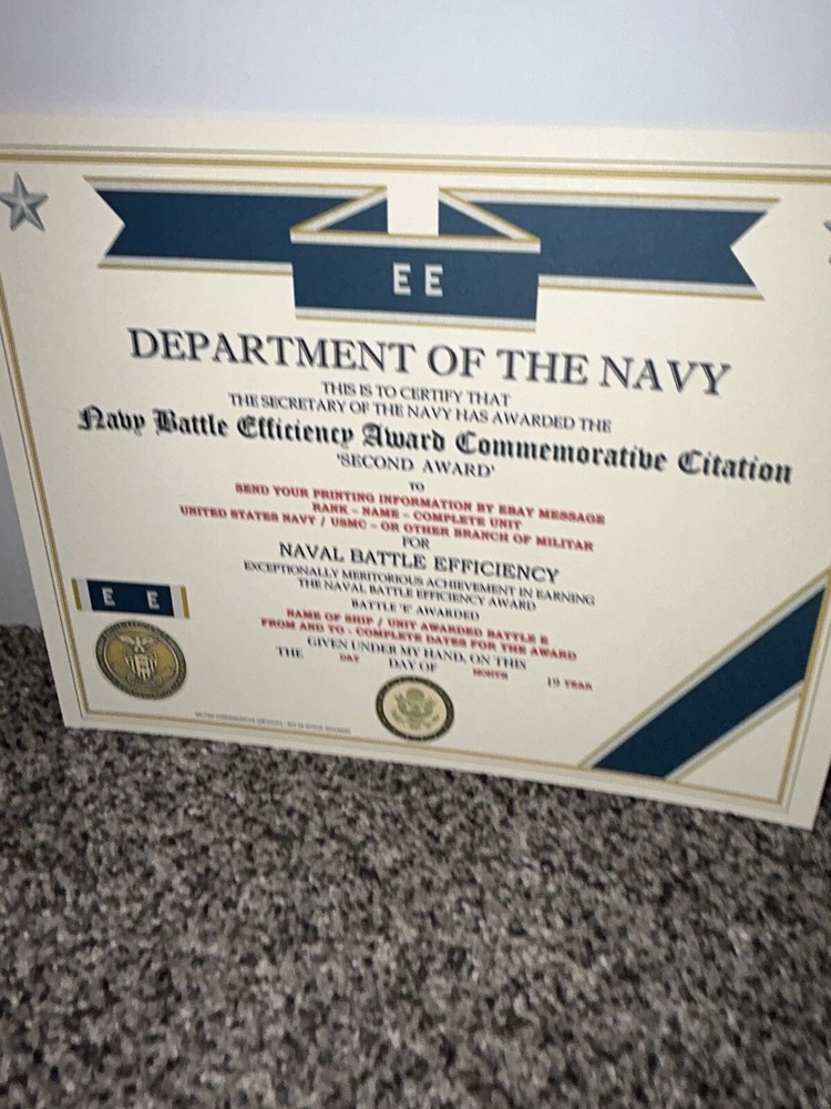 NAVY BATTLE E CITATION~2ND AWARD COMMEMORATIVE CERTIFICATE ~ TYPE-2 / W/PRINTING