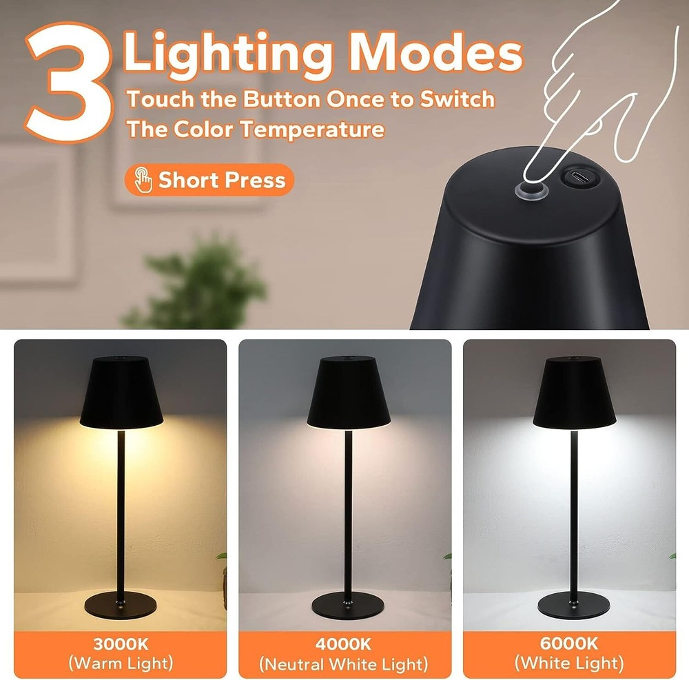 Cordless Table Lamp,Rechargeable LED Night Light,3 Color Stepless Touch Dimmable