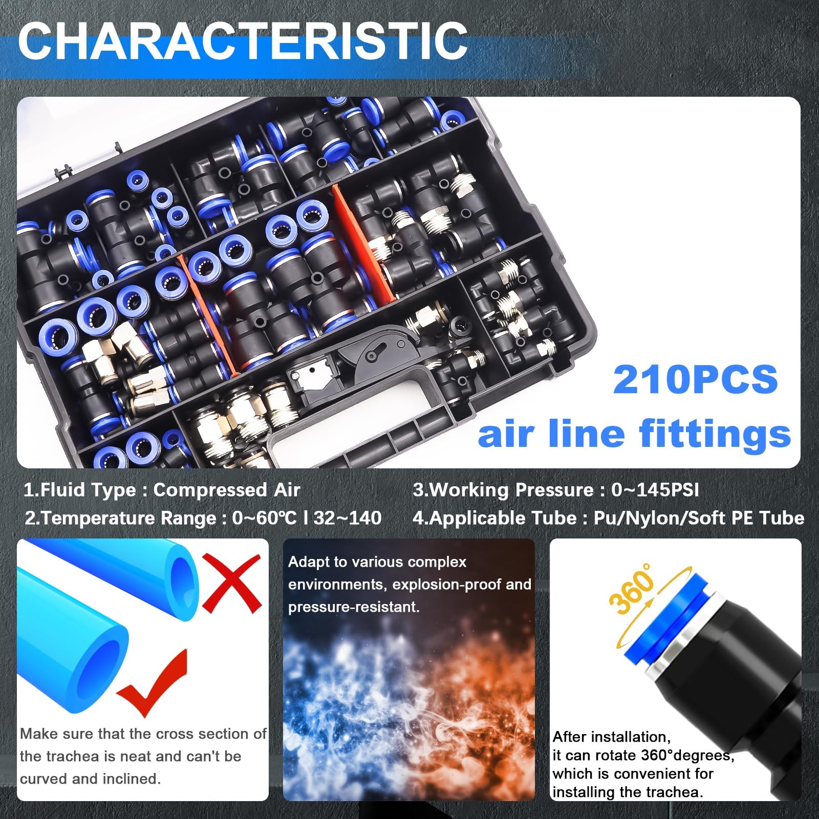 mxuteuk 210PCS Air Line Push-to-Connect Fittings Kit 1/8"-1/2" 4-10mm Blue