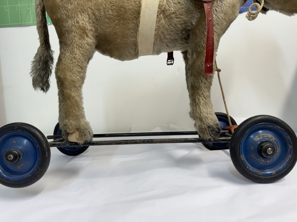 Antique Steiff Mohair Donkey Pull Toy on Wheels Germany Working Noise