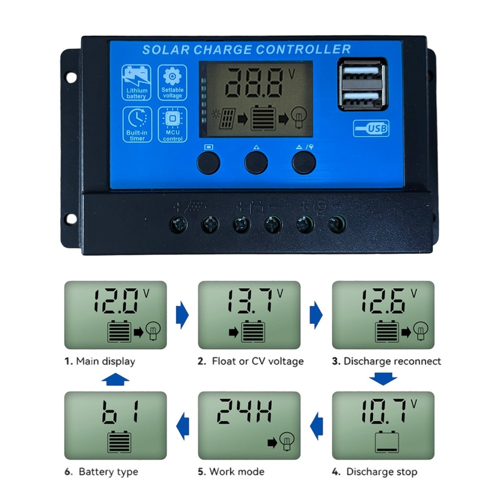 30A PWM Solar Panel Charge Controller 12/24V Auto LCD Display Dual USB Timer Set