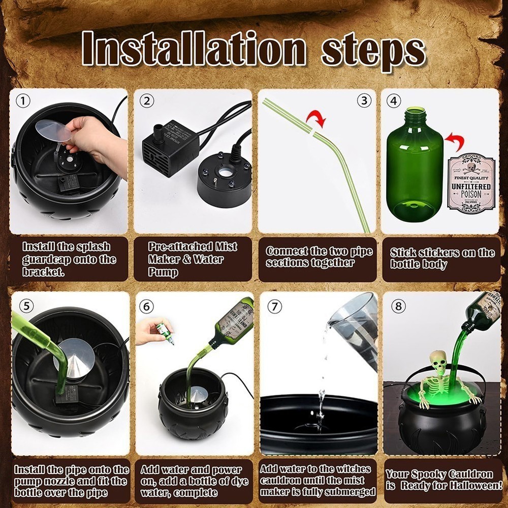 Cauldron Halloween Decor with Magic Floating Potion Bottles Diffuser Mist Maker