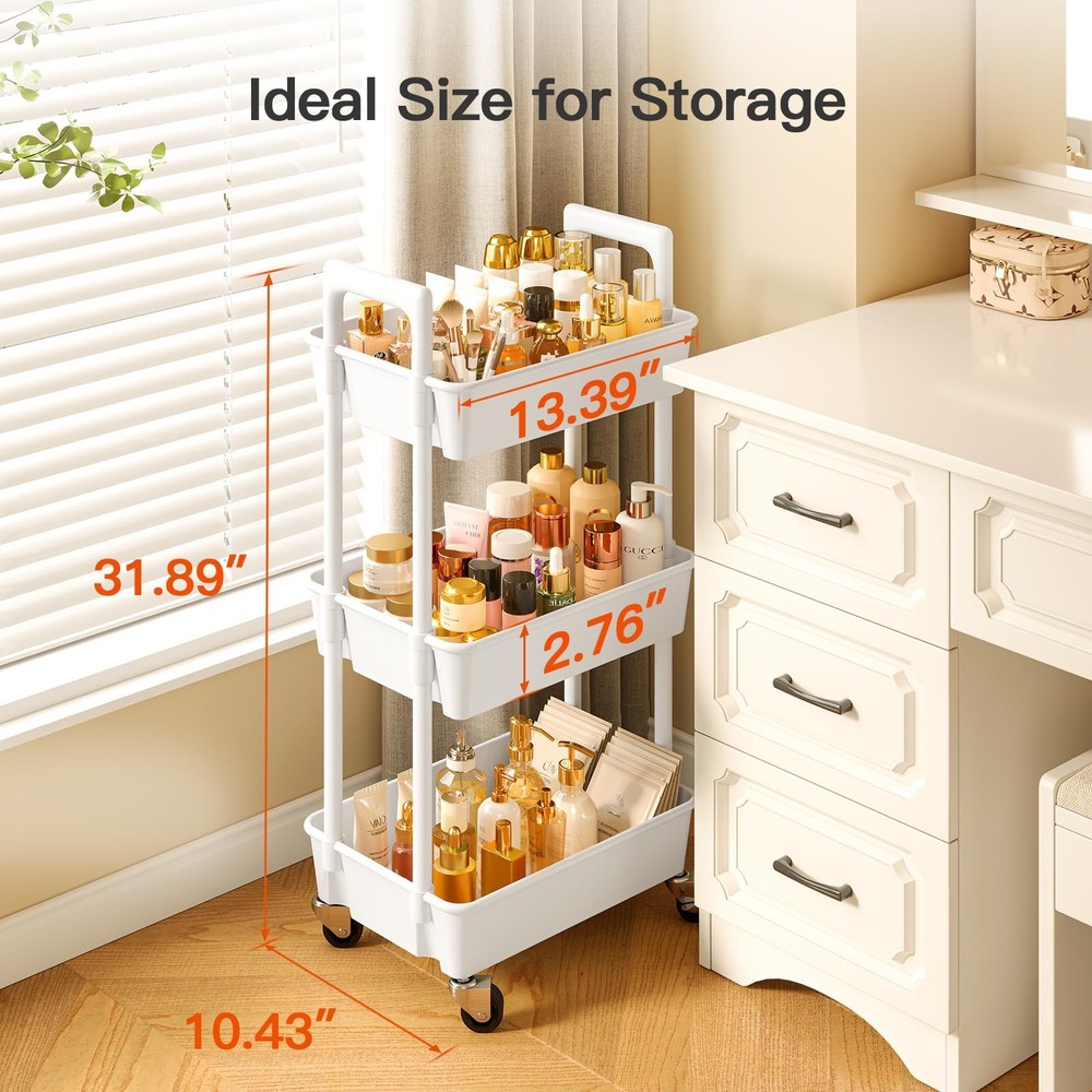 3 Tier Rolling Cart Organizer, Plastic Rolling Cart with Lockable