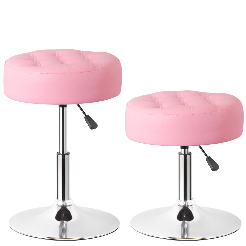 4PCS Adjustable Round Ottoman Stool Vanity PU Leather Swivel Makeup Stool Pink