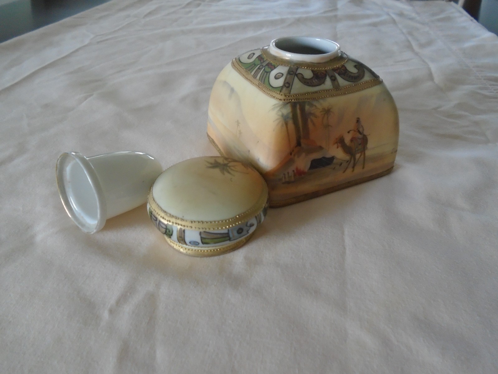 Nippon Large Egyptian Revival Style Inkwell Man on Camel with Insert.