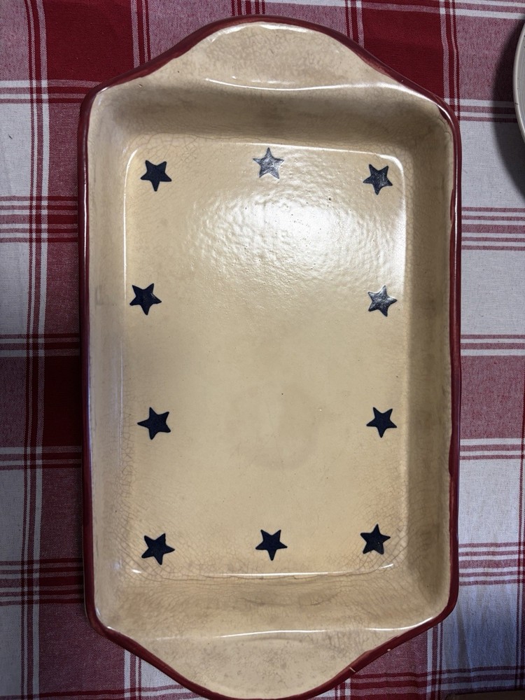 Rectangular Ceramic Serving Platter Blue Star Pattern Red Trim Matte Finish