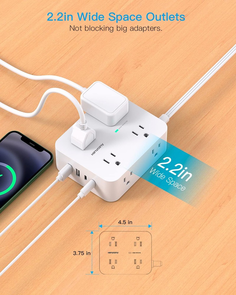 Surge Protector Power Strip, HANYCONY Extension Cord with Multiple 5Ft, White