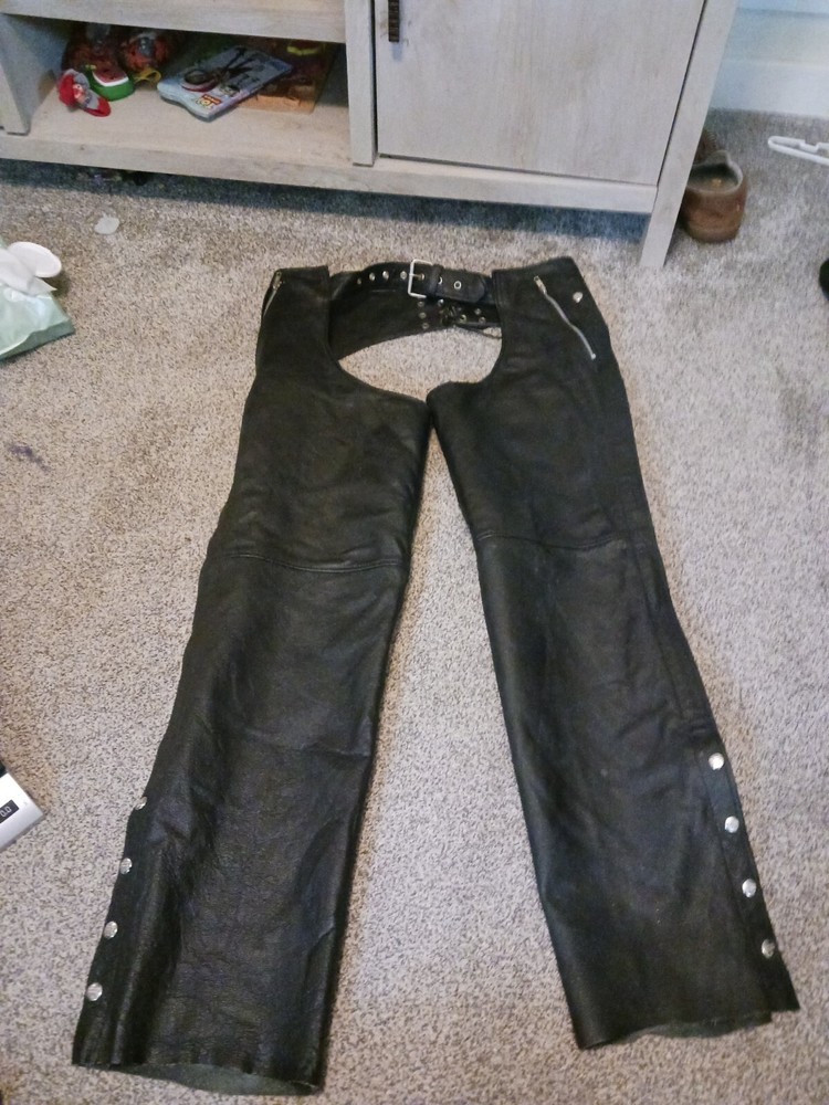 Vintage Interstate Leather Chaps Biker Motorcycle Unisex Black Medium