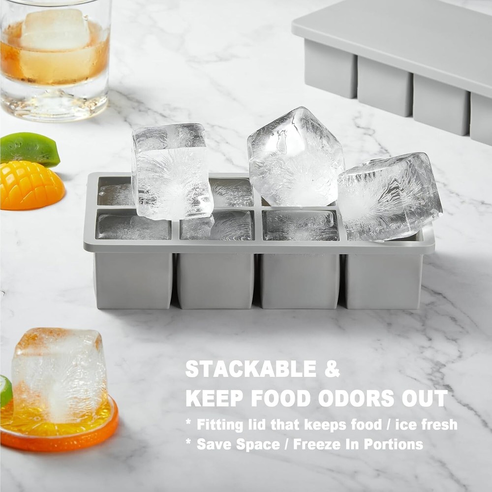 Nax Caki Silicone Ice Cube Tray with Lid 2 Pack Stackable Large Ice Cube Molds