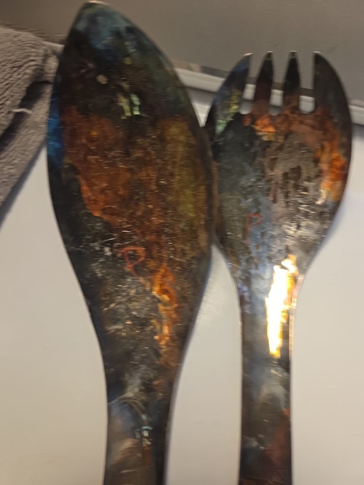 VINTAGE SILVER PLATE HAIDA TRIBE B.C. CANADA GREY ALIEN 2PC SERVING SET - 10.75"