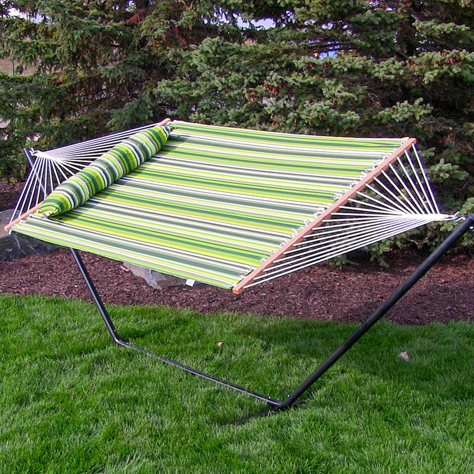 Large Quilted Hammock with Spreader Bar and Pillow - Melon Stripe by Sunnydaze