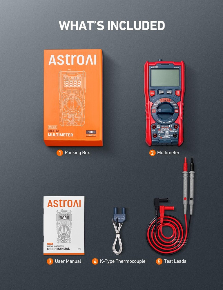 AstroAI Digital Multimeter, TRMS 6000 Counts Auto-Ranging Voltage 6000, Red