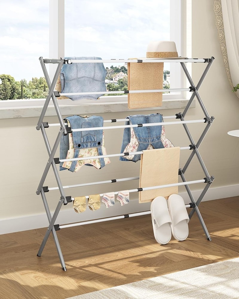 Stylish White/Grey Laundry Drying Rack: Foldable & Expandable for Versatile Use