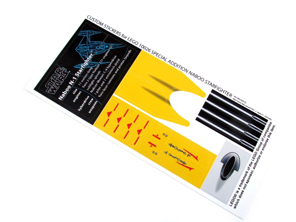 CUSTOM REPLACEMENT STICKERS for Set 10026 NABOO STARFIGHTER, MODELS, DISPLAYS
