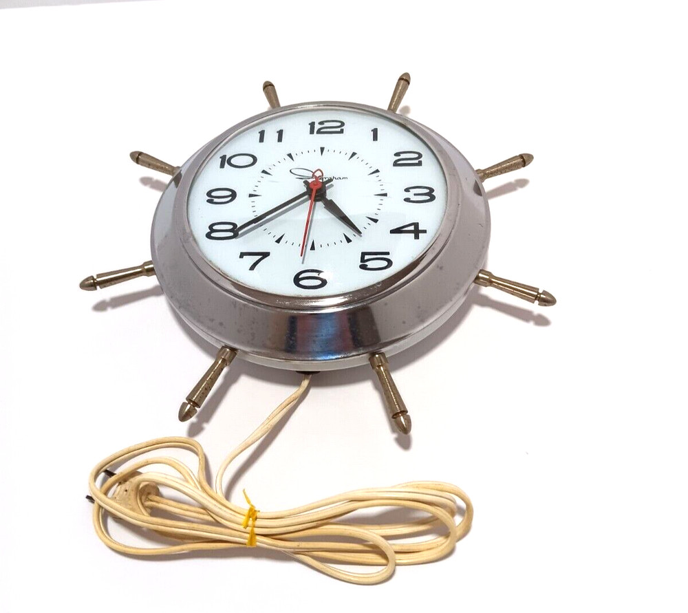Vintage Ingraham Ship Wheel Wall Clock Silver Plug-in