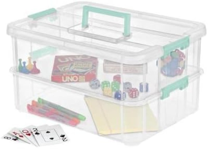 1427CLR Stack & Carry - 2 Layer Box, Clear Lid & Blue Handle, See-through layers
