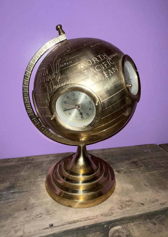 BRASS WORLD GLOBE CLOCK W/FIVE CLOCKS BEVELED GLASS