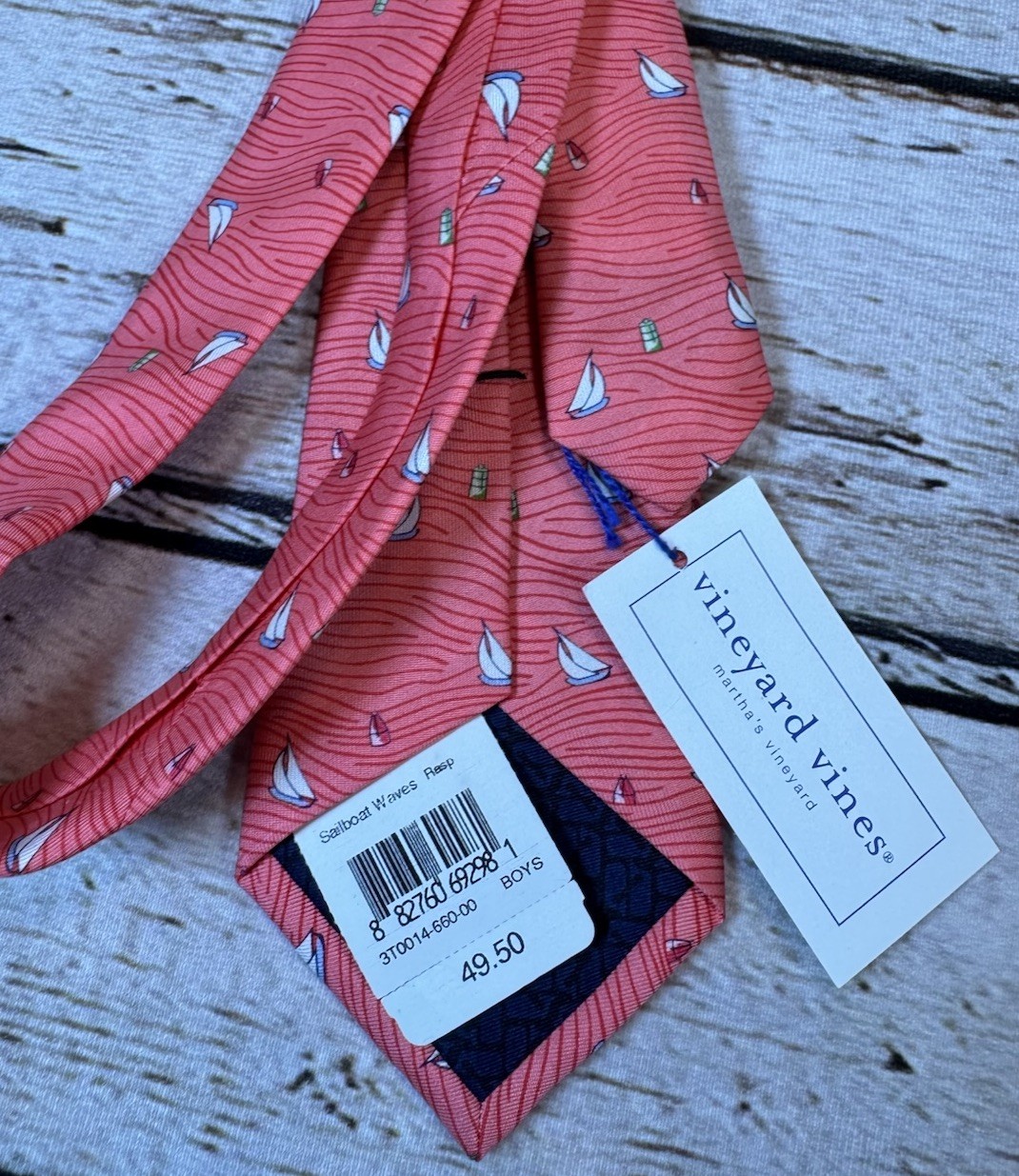 Vineyard Vines Coral Pink Boats Sailboats Tie Youth Boys 100% Silk NWT