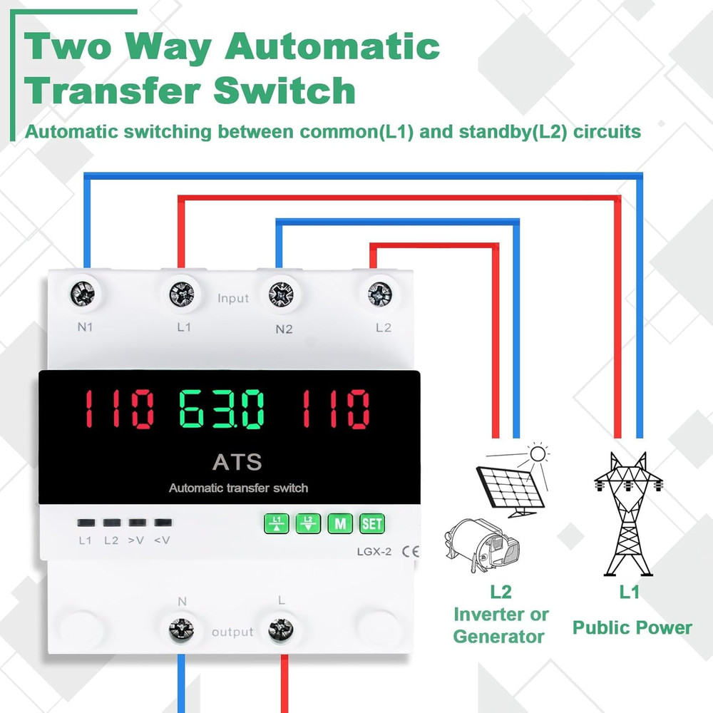63A 110V Automatic/Manual Transfer Switch, L1 Priority Phase Selector, LED Di...