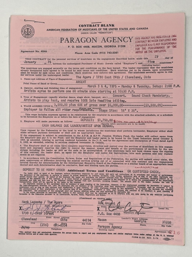 Argent Concert Contract 1975 Cleveland OH