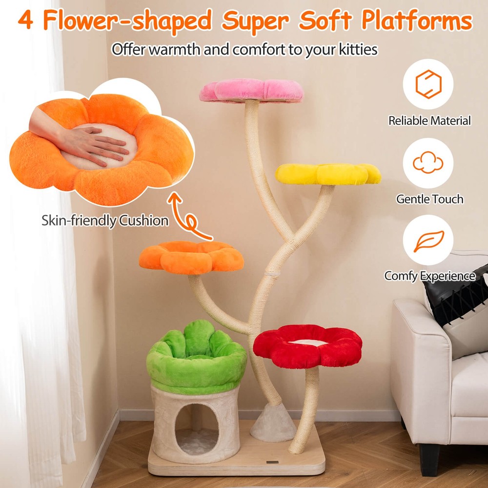 64" Multi-layer Cat Tower w/4 Colorful Flower-shaped Platforms Scratching Posts