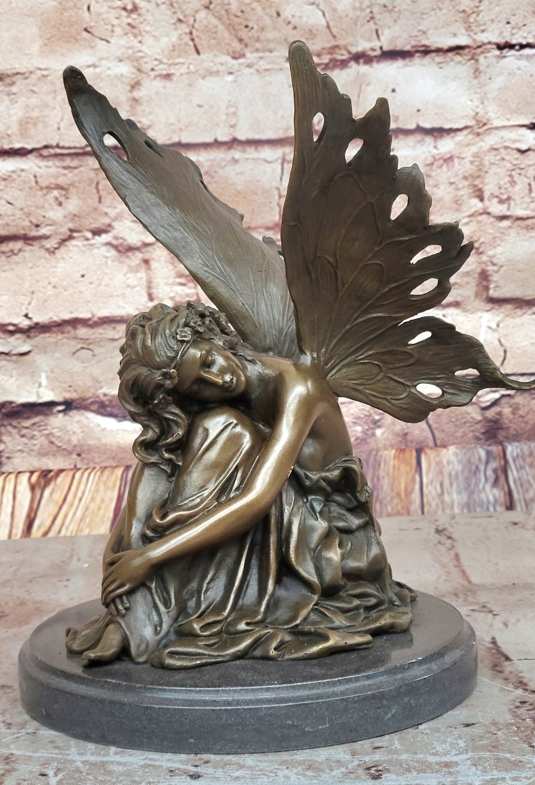 Bronze statue art nouveau garden fairy angel w/ wings. SIGNED Cesaro Artwork