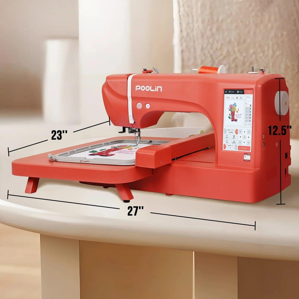 POOLIN EOC06 7.9in x 11in Embroidery Machine & 166 Thread Spool Bundle - Red