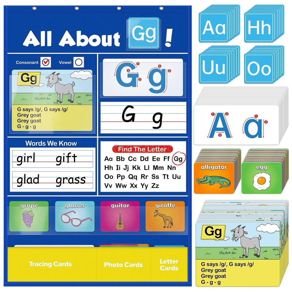 Alphabet Learning Pocket Chart, Circle Time Learning Center Alphabet Flash Ca...
