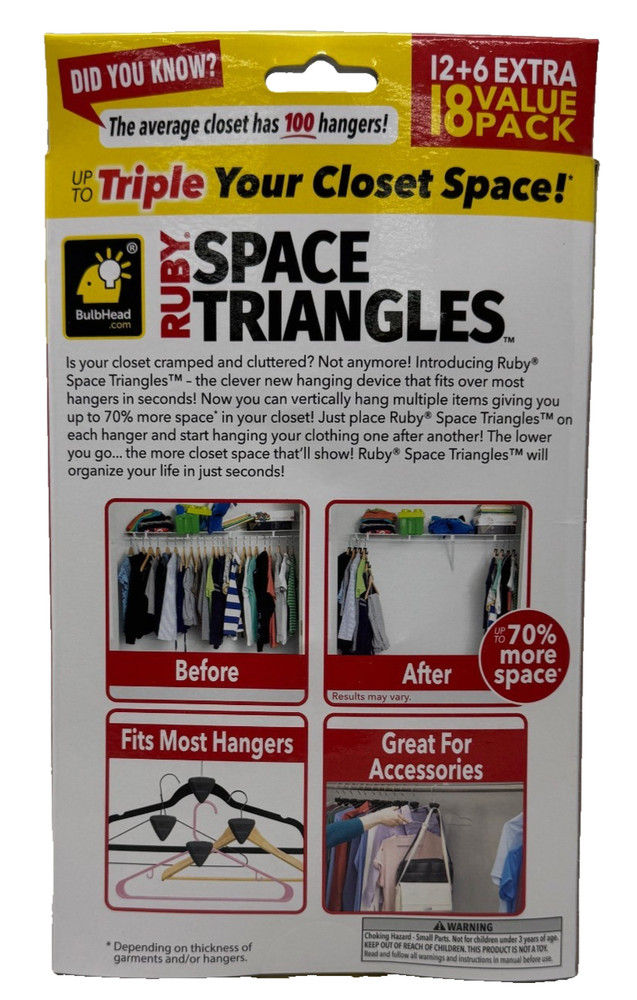 RUBY Space Triangles AS-SEEN-ON-TV, Creates Up to 3X More Closet Space