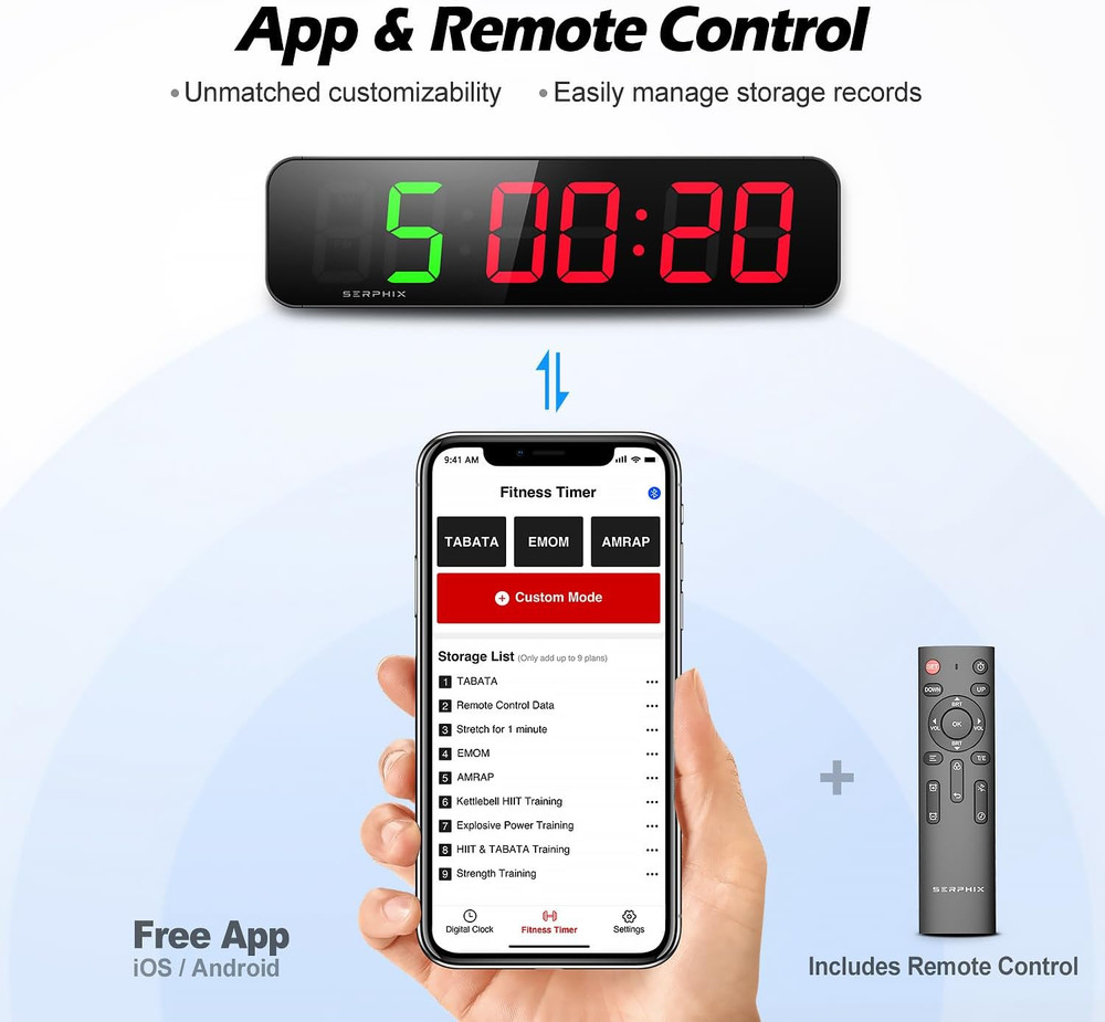 15.2" Gym Timer, App & Remote Control, Customizable LED Colors, Workout Interval