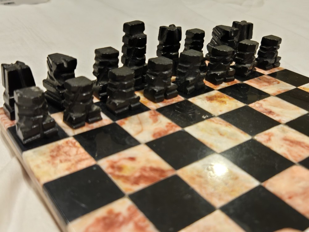 Vintage Hand Carved Solid Stone Marble Black Onyx Chess Set w/ 8" Board Complete