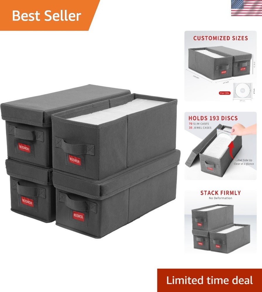 Sleek 4 Pack CD Storage Boxes - Stackable Organizer with Lid, 140 Jewel Cases
