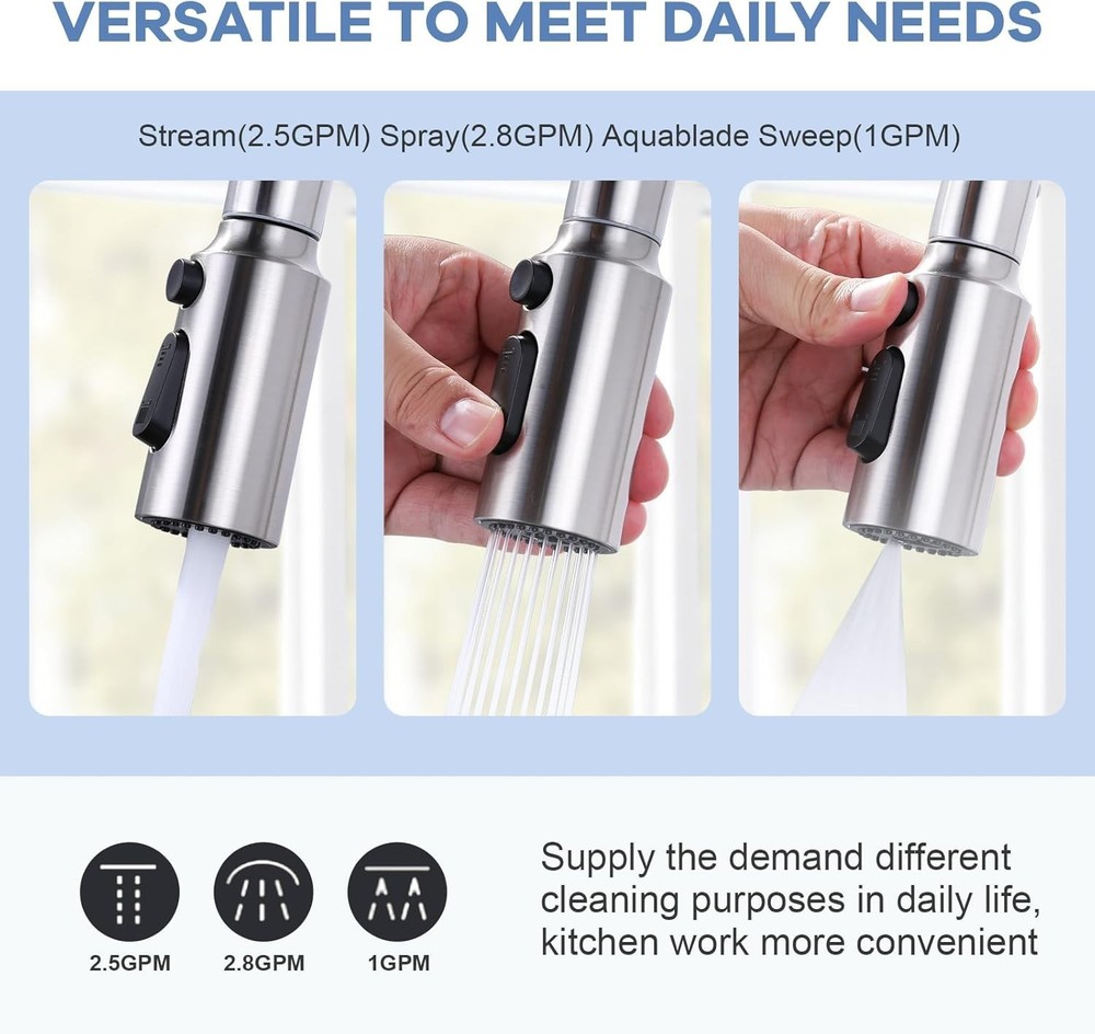 Pull Down Faucet Sprayer Head Replacement, Brushed Nickel 3 Function Pull Out