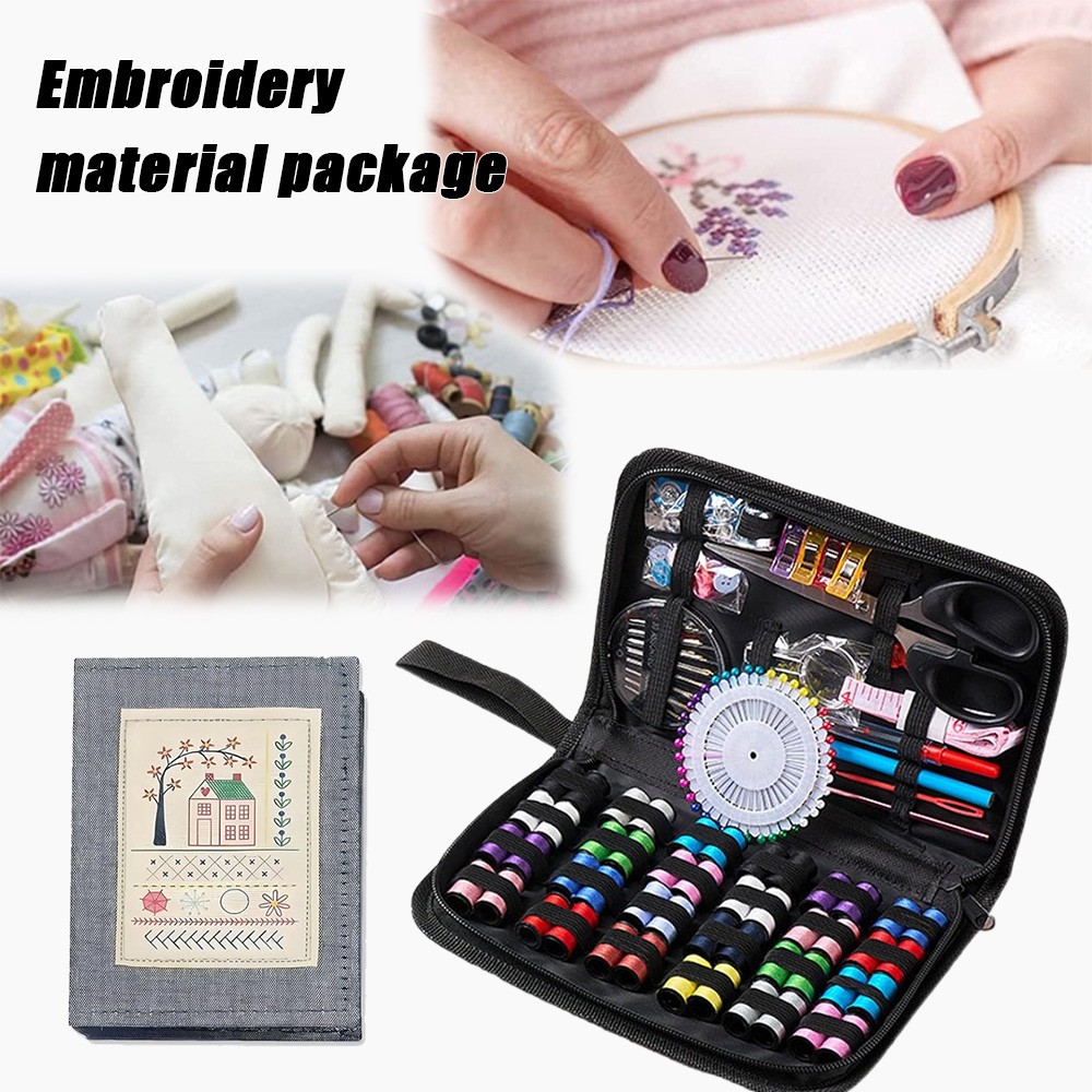 Complete Sewing Kits+Embroidery Stitch Guide Book Needles Scissors Buttons Pins