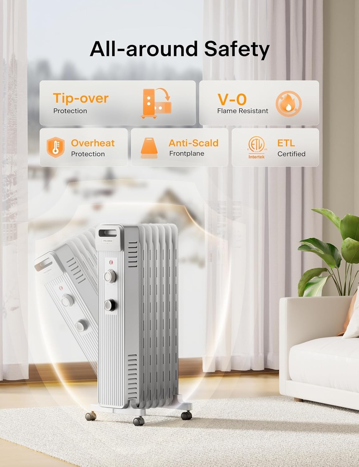 Pelonis PSH007JM1AWW 1500W Oil Filled Radiator Space Heater, White