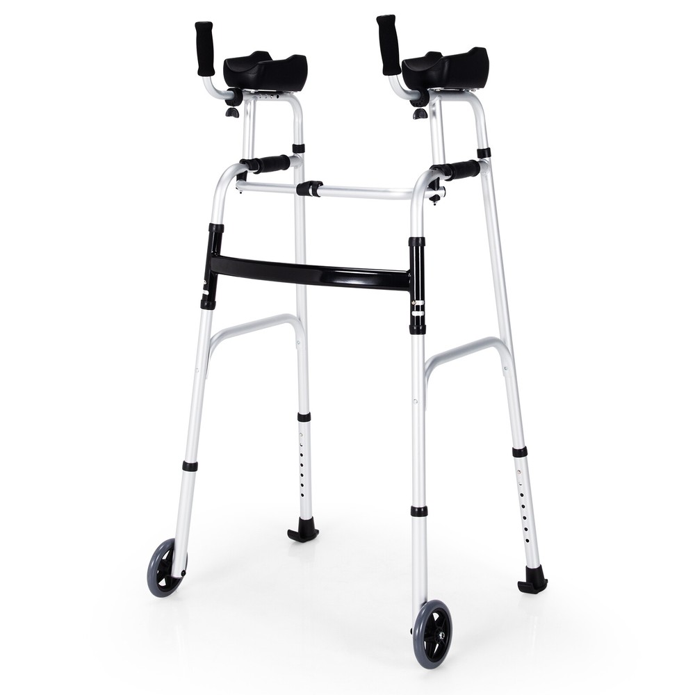 Folding Aluminum Alloy Wheel Walking Frame Adjustable Walker W/Armrest Support