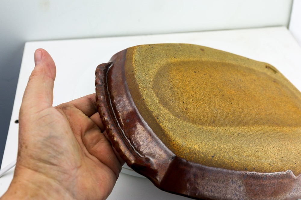 Studio Pottery Tray Platter Signed HB Brown Glaze Handmade Ceramic