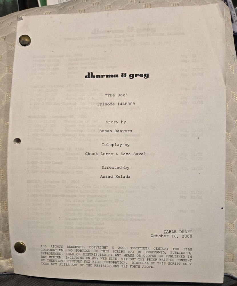 DHARMA & GREG  "The Box" Table Draft Oct 16 2000
