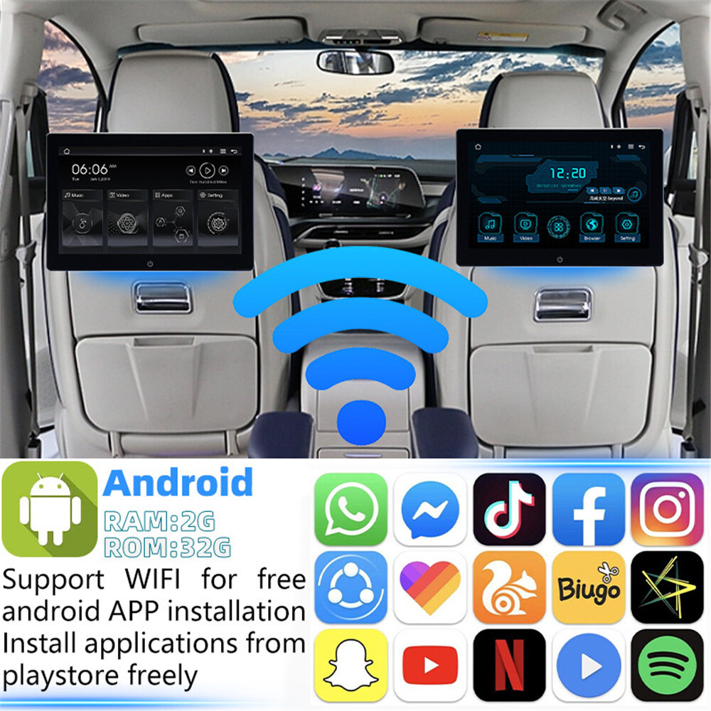 10.1in Touch Screen Android 12 Car Headrest Rear Seat TV Monitor WIFI Bluetooth